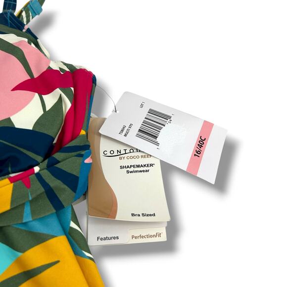 NEW Contours Coco Reef Tankini Top SZ 16 Bra Size 40C Olive Green Blue Tropical - Picture 6 of 12